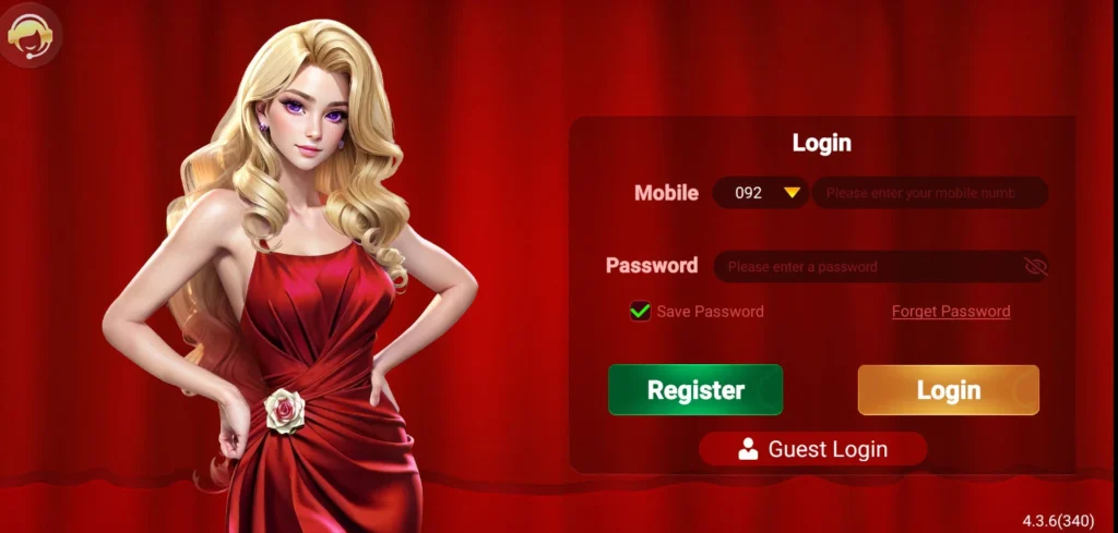 Login screen of 3Patti Hot app with fields for mobile number and password, and buttons for Login and Register.