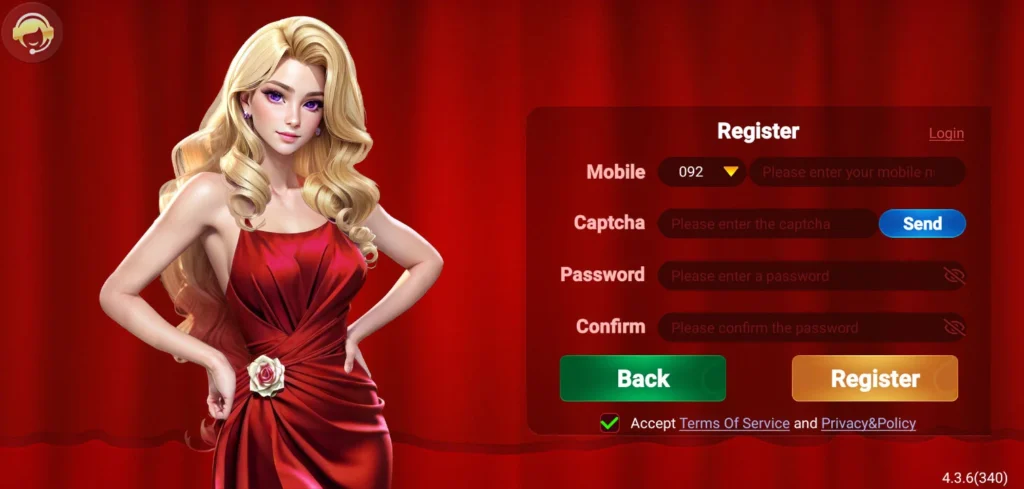 Registration screen of 3Patti Hot app with fields for mobile, captcha, password, and confirm password.