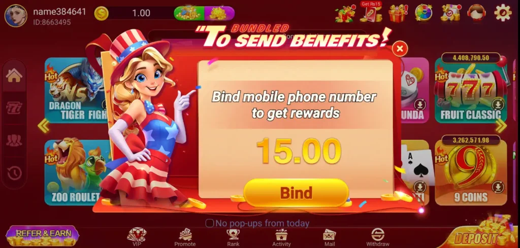 Reward screen prompting to bind mobile number to receive 15.00 bonus in 3 Patti Hot app.