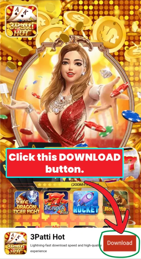 3 Patti Hot Promotional banner with a woman, gold coins, poker chips, the text "3Patti Hot" and a red button saying "Click this Download Button".