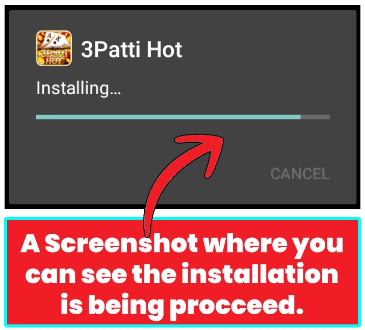 Installation progress pop-up for 3 Patti Hot app showing "Installing..." with progress bar.