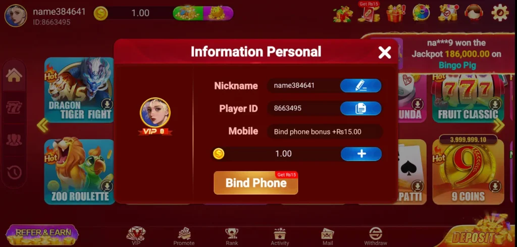 Personal information popup showing nickname, player ID, and mobile binding option.