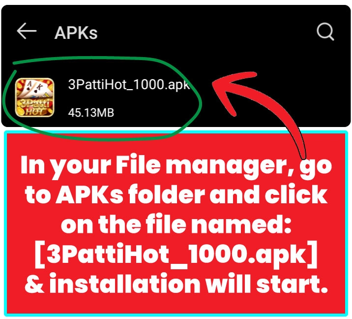 APK file "3PattiHot_1000.apk" listed in File Manager APKs folder, ready to install.
