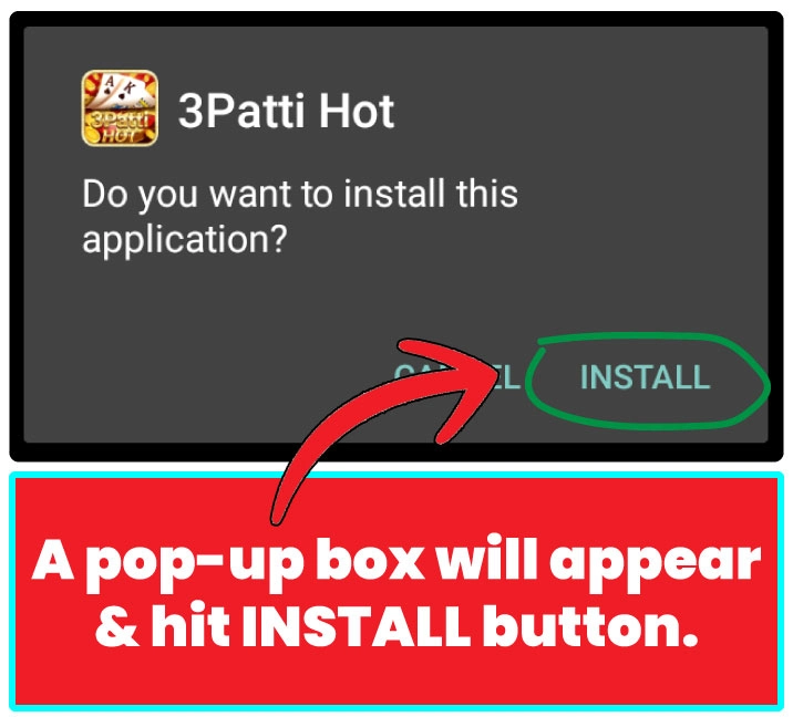 Install confirmation pop-up asking "Do you want to install this application?" with "INSTALL" button.