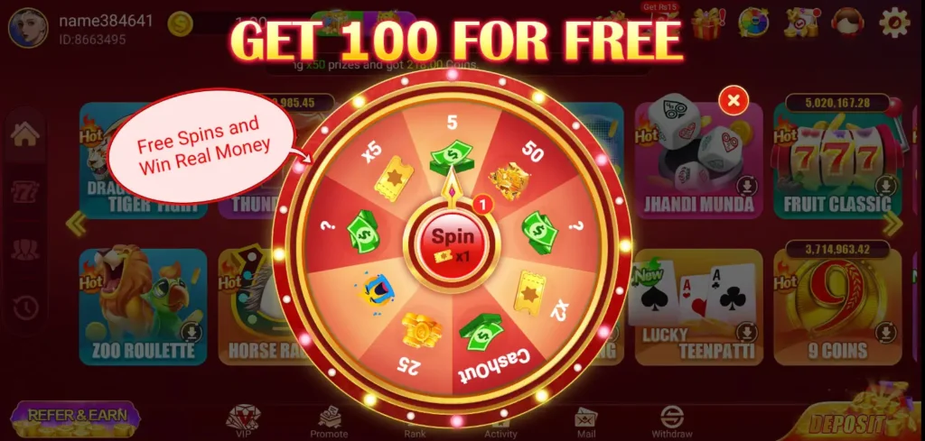 "GET 100 FOR FREE" spin wheel screen for rewards and bonuses in 3Patti Hot app.