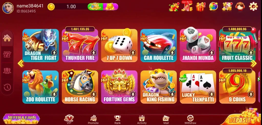 3 Patti Hot game lobby/home screen showing multiple game icons and navigation menu.